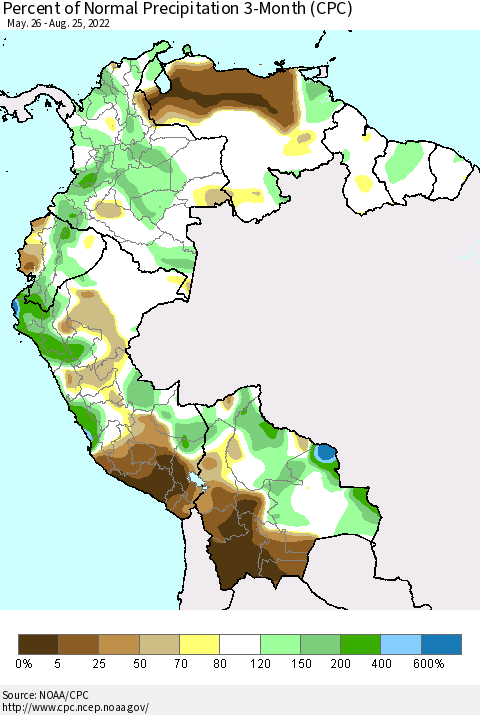 Northern South America Percent of Normal Precipitation 3-Month (CPC) Thematic Map For 5/26/2022 - 8/25/2022