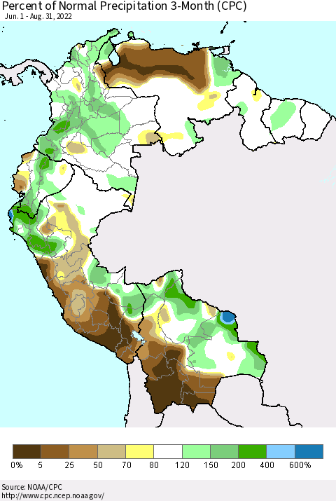Northern South America Percent of Normal Precipitation 3-Month (CPC) Thematic Map For 6/1/2022 - 8/31/2022