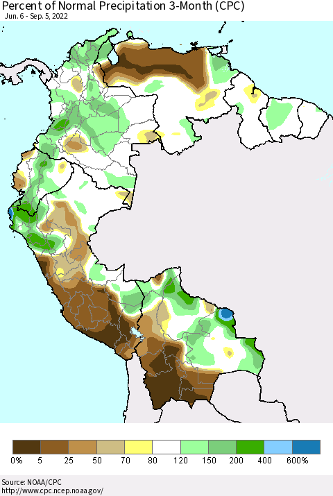 Northern South America Percent of Normal Precipitation 3-Month (CPC) Thematic Map For 6/6/2022 - 9/5/2022