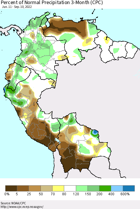 Northern South America Percent of Normal Precipitation 3-Month (CPC) Thematic Map For 6/11/2022 - 9/10/2022