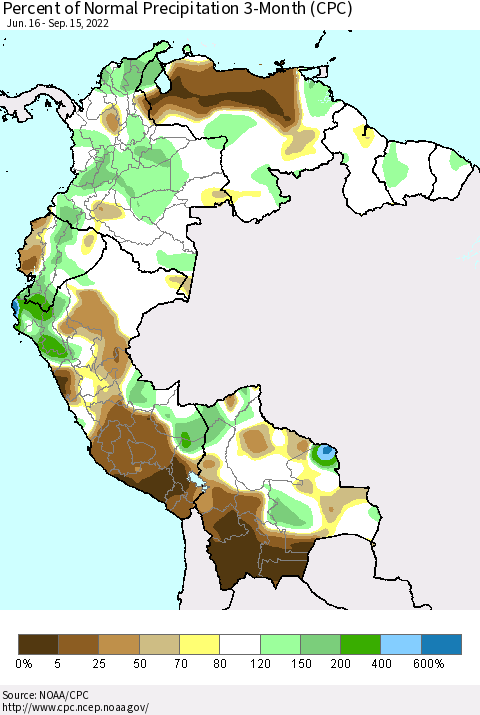 Northern South America Percent of Normal Precipitation 3-Month (CPC) Thematic Map For 6/16/2022 - 9/15/2022