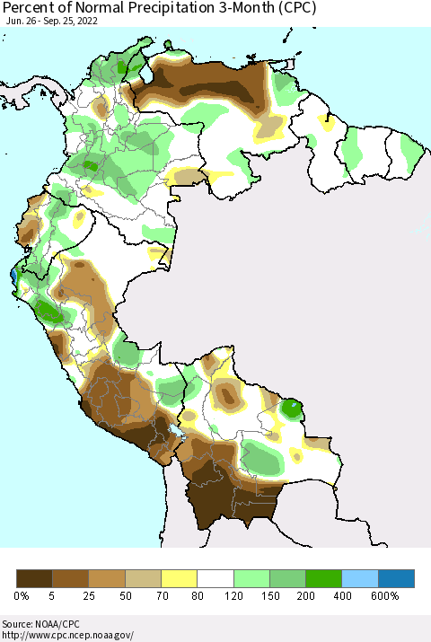 Northern South America Percent of Normal Precipitation 3-Month (CPC) Thematic Map For 6/26/2022 - 9/25/2022