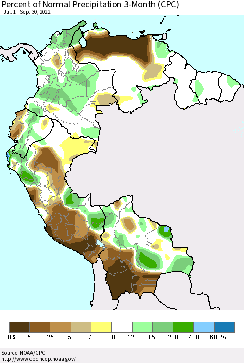 Northern South America Percent of Normal Precipitation 3-Month (CPC) Thematic Map For 7/1/2022 - 9/30/2022