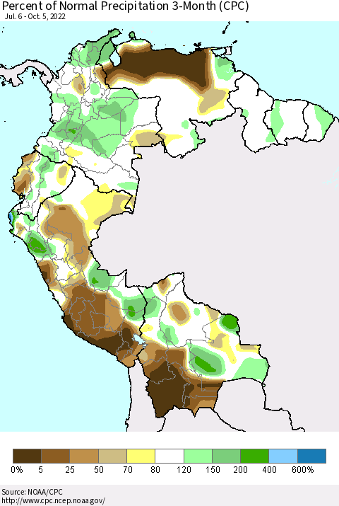 Northern South America Percent of Normal Precipitation 3-Month (CPC) Thematic Map For 7/6/2022 - 10/5/2022