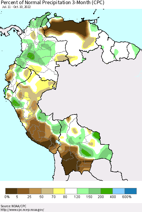 Northern South America Percent of Normal Precipitation 3-Month (CPC) Thematic Map For 7/11/2022 - 10/10/2022