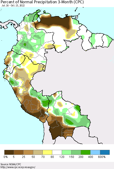 Northern South America Percent of Normal Precipitation 3-Month (CPC) Thematic Map For 7/16/2022 - 10/15/2022