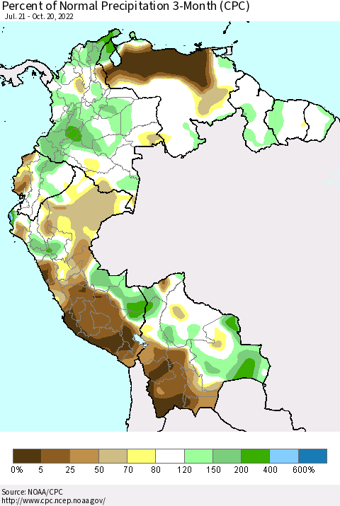 Northern South America Percent of Normal Precipitation 3-Month (CPC) Thematic Map For 7/21/2022 - 10/20/2022