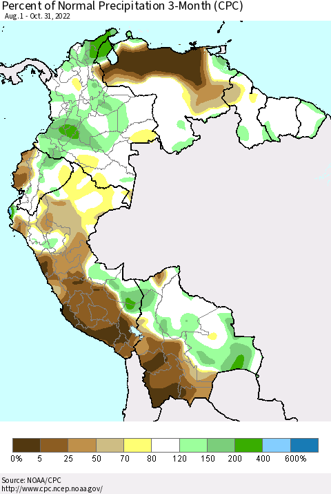 Northern South America Percent of Normal Precipitation 3-Month (CPC) Thematic Map For 8/1/2022 - 10/31/2022