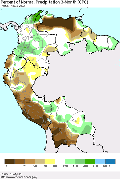 Northern South America Percent of Normal Precipitation 3-Month (CPC) Thematic Map For 8/6/2022 - 11/5/2022