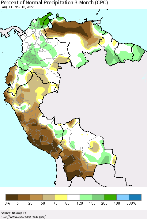 Northern South America Percent of Normal Precipitation 3-Month (CPC) Thematic Map For 8/11/2022 - 11/10/2022