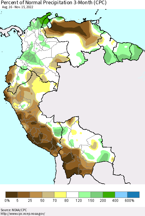 Northern South America Percent of Normal Precipitation 3-Month (CPC) Thematic Map For 8/16/2022 - 11/15/2022
