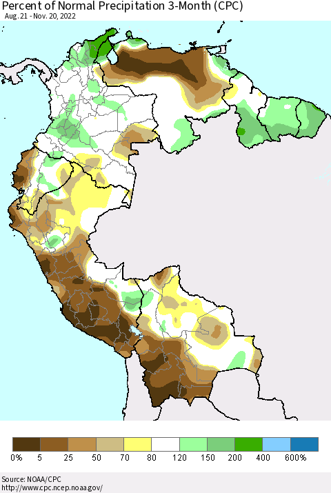 Northern South America Percent of Normal Precipitation 3-Month (CPC) Thematic Map For 8/21/2022 - 11/20/2022