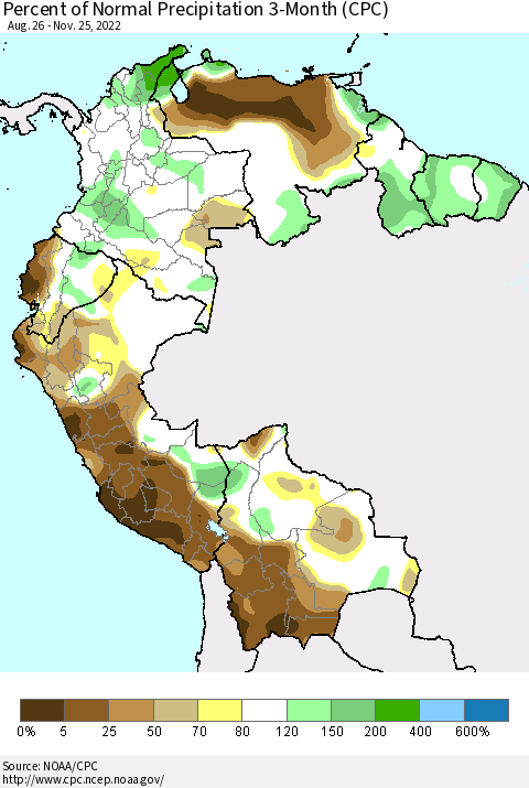 Northern South America Percent of Normal Precipitation 3-Month (CPC) Thematic Map For 8/26/2022 - 11/25/2022