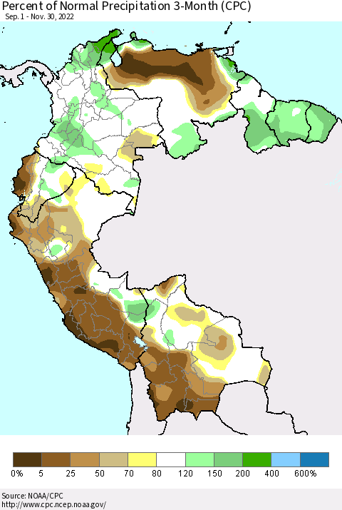 Northern South America Percent of Normal Precipitation 3-Month (CPC) Thematic Map For 9/1/2022 - 11/30/2022
