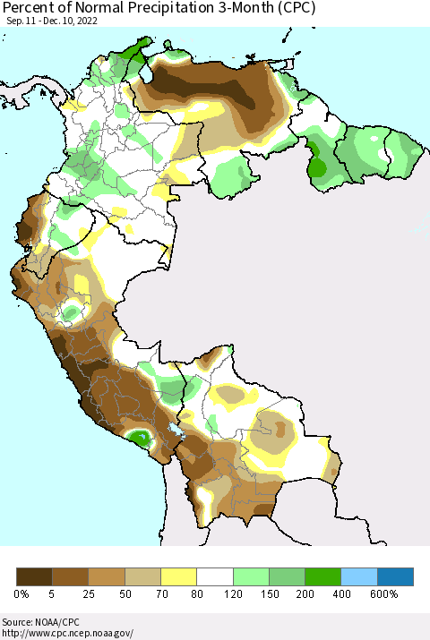 Northern South America Percent of Normal Precipitation 3-Month (CPC) Thematic Map For 9/11/2022 - 12/10/2022