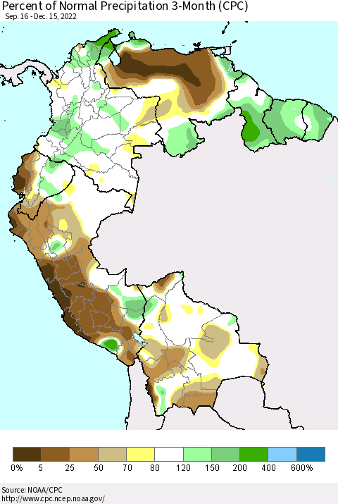 Northern South America Percent of Normal Precipitation 3-Month (CPC) Thematic Map For 9/16/2022 - 12/15/2022