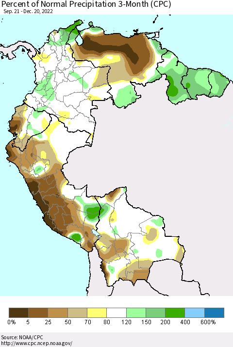Northern South America Percent of Normal Precipitation 3-Month (CPC) Thematic Map For 9/21/2022 - 12/20/2022