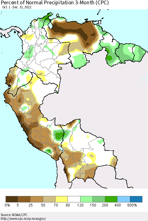 Northern South America Percent of Normal Precipitation 3-Month (CPC) Thematic Map For 10/1/2022 - 12/31/2022
