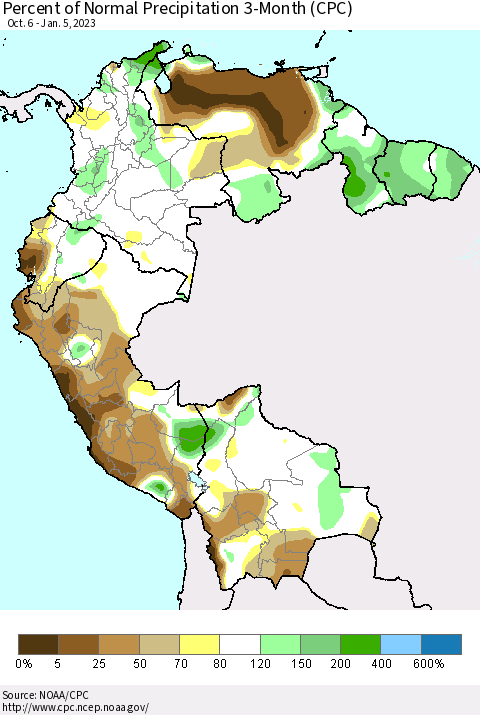 Northern South America Percent of Normal Precipitation 3-Month (CPC) Thematic Map For 10/6/2022 - 1/5/2023