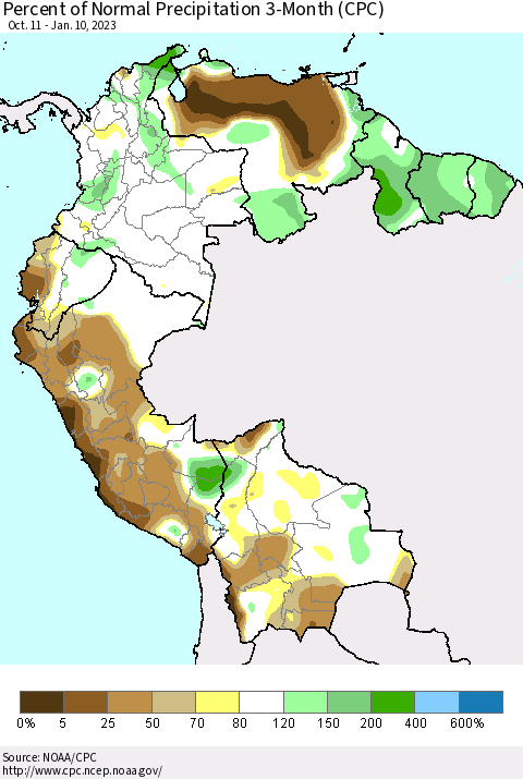 Northern South America Percent of Normal Precipitation 3-Month (CPC) Thematic Map For 10/11/2022 - 1/10/2023