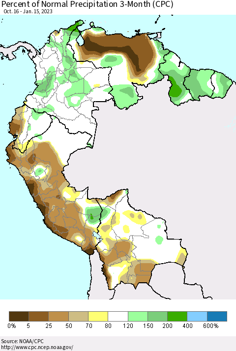 Northern South America Percent of Normal Precipitation 3-Month (CPC) Thematic Map For 10/16/2022 - 1/15/2023