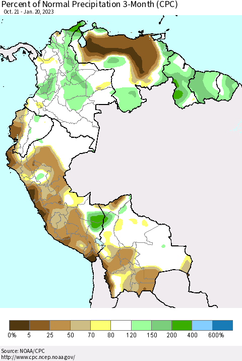 Northern South America Percent of Normal Precipitation 3-Month (CPC) Thematic Map For 10/21/2022 - 1/20/2023