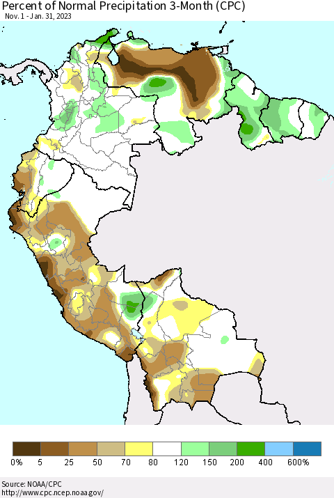 Northern South America Percent of Normal Precipitation 3-Month (CPC) Thematic Map For 11/1/2022 - 1/31/2023