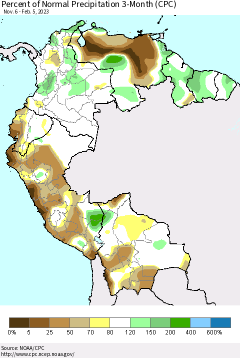 Northern South America Percent of Normal Precipitation 3-Month (CPC) Thematic Map For 11/6/2022 - 2/5/2023