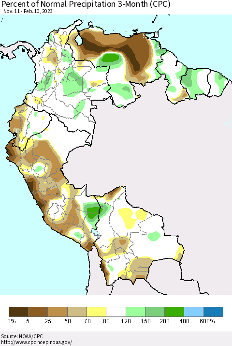 Northern South America Percent of Normal Precipitation 3-Month (CPC) Thematic Map For 11/11/2022 - 2/10/2023