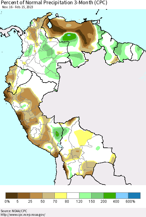 Northern South America Percent of Normal Precipitation 3-Month (CPC) Thematic Map For 11/16/2022 - 2/15/2023