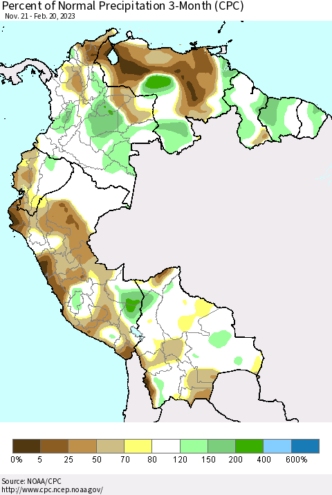 Northern South America Percent of Normal Precipitation 3-Month (CPC) Thematic Map For 11/21/2022 - 2/20/2023