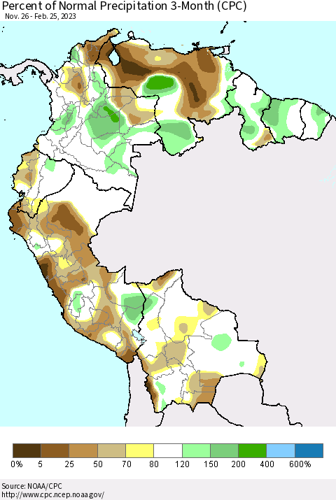 Northern South America Percent of Normal Precipitation 3-Month (CPC) Thematic Map For 11/26/2022 - 2/25/2023