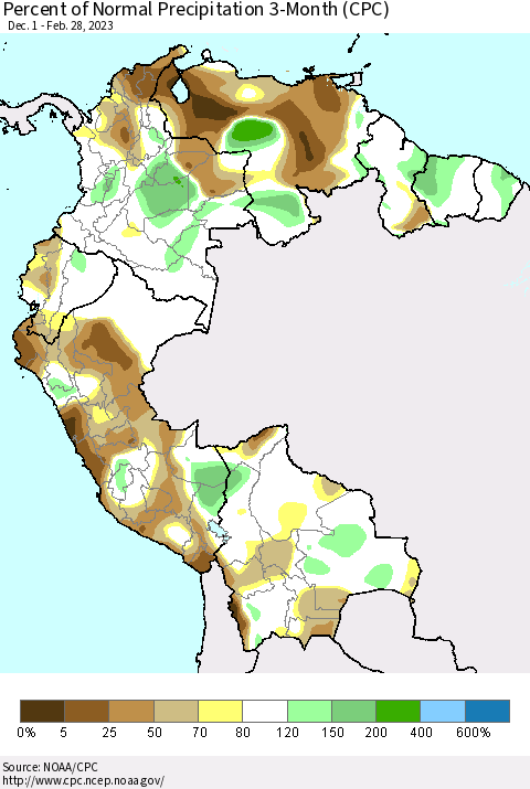 Northern South America Percent of Normal Precipitation 3-Month (CPC) Thematic Map For 12/1/2022 - 2/28/2023