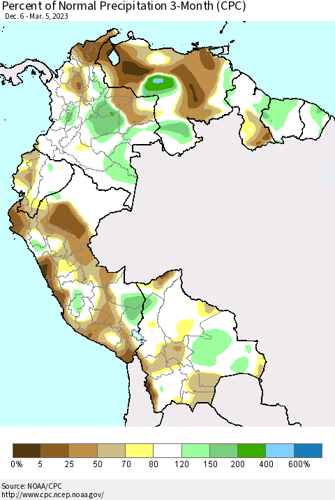 Northern South America Percent of Normal Precipitation 3-Month (CPC) Thematic Map For 12/6/2022 - 3/5/2023