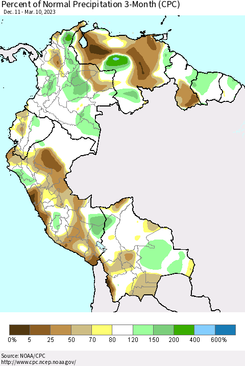 Northern South America Percent of Normal Precipitation 3-Month (CPC) Thematic Map For 12/11/2022 - 3/10/2023