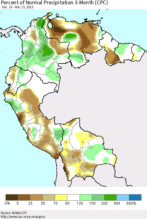 Northern South America Percent of Normal Precipitation 3-Month (CPC) Thematic Map For 12/16/2022 - 3/15/2023