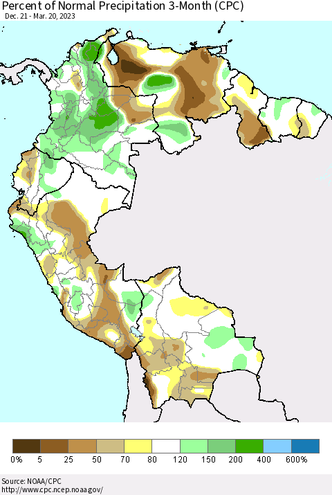 Northern South America Percent of Normal Precipitation 3-Month (CPC) Thematic Map For 12/21/2022 - 3/20/2023