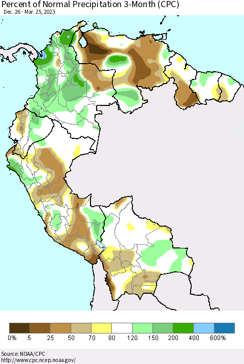 Northern South America Percent of Normal Precipitation 3-Month (CPC) Thematic Map For 12/26/2022 - 3/25/2023