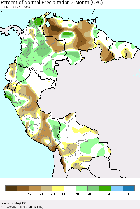 Northern South America Percent of Normal Precipitation 3-Month (CPC) Thematic Map For 1/1/2023 - 3/31/2023