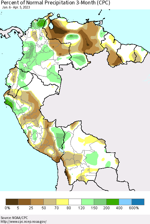 Northern South America Percent of Normal Precipitation 3-Month (CPC) Thematic Map For 1/6/2023 - 4/5/2023