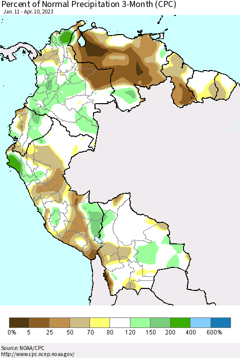 Northern South America Percent of Normal Precipitation 3-Month (CPC) Thematic Map For 1/11/2023 - 4/10/2023
