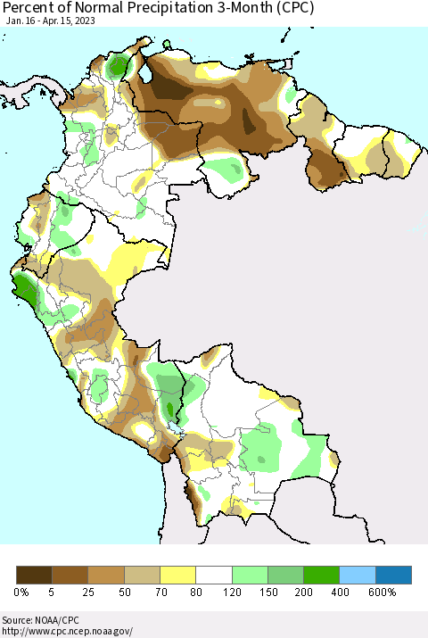 Northern South America Percent of Normal Precipitation 3-Month (CPC) Thematic Map For 1/16/2023 - 4/15/2023