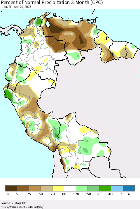 Northern South America Percent of Normal Precipitation 3-Month (CPC) Thematic Map For 1/21/2023 - 4/20/2023