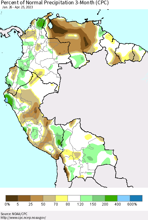 Northern South America Percent of Normal Precipitation 3-Month (CPC) Thematic Map For 1/26/2023 - 4/25/2023