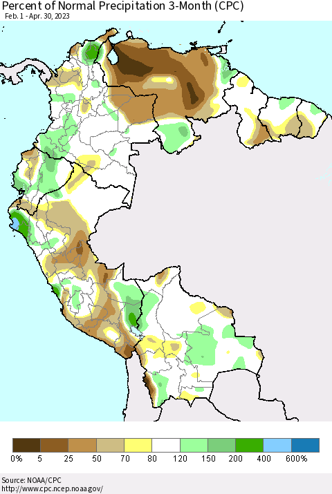 Northern South America Percent of Normal Precipitation 3-Month (CPC) Thematic Map For 2/1/2023 - 4/30/2023