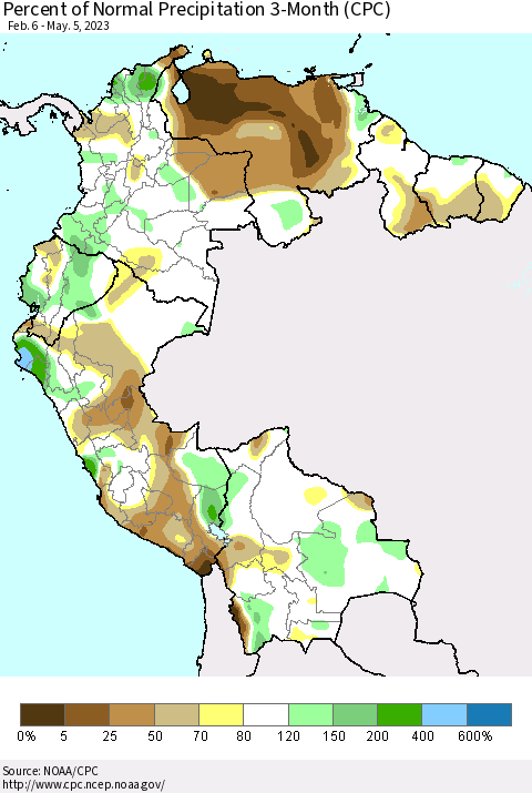 Northern South America Percent of Normal Precipitation 3-Month (CPC) Thematic Map For 2/6/2023 - 5/5/2023