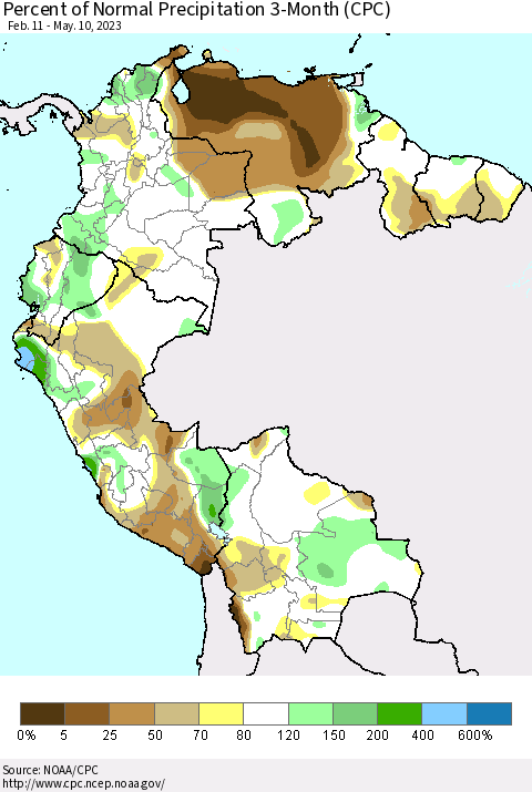 Northern South America Percent of Normal Precipitation 3-Month (CPC) Thematic Map For 2/11/2023 - 5/10/2023