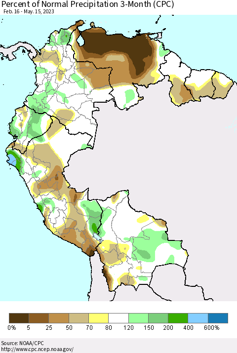 Northern South America Percent of Normal Precipitation 3-Month (CPC) Thematic Map For 2/16/2023 - 5/15/2023