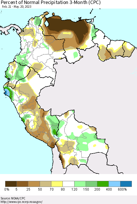 Northern South America Percent of Normal Precipitation 3-Month (CPC) Thematic Map For 2/21/2023 - 5/20/2023