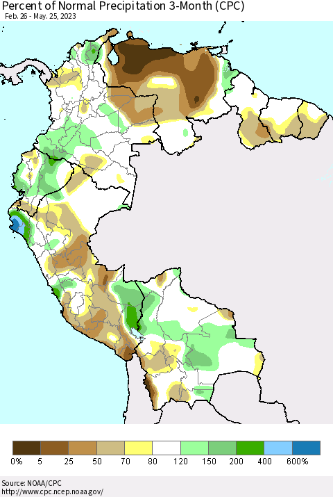Northern South America Percent of Normal Precipitation 3-Month (CPC) Thematic Map For 2/26/2023 - 5/25/2023